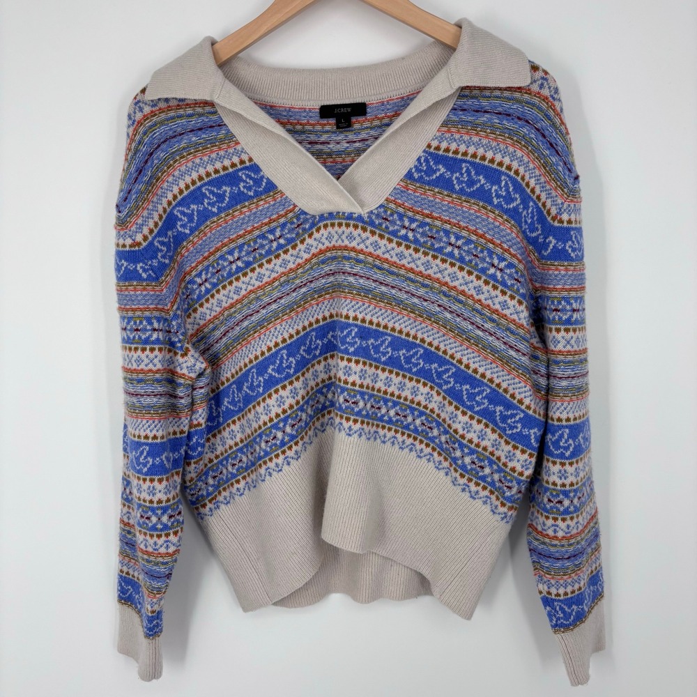 J Crew Fair Isle Lambswool Blend Collared Polo Sweater Women L Beige Cozy Preppy